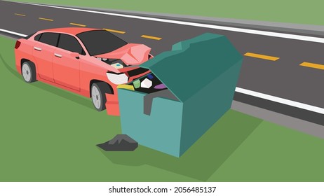 Accident of a light red passenger car crashed into a trash bin. Front of the car and the trash can were damaged. Asphalt road incident.