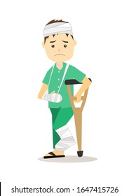 accident man. 
Injured man wear green clothes having head bandage, Broken Arm, wrist cast and broken leg walking with crutch. Vector cartoon illustration isolated on white background.