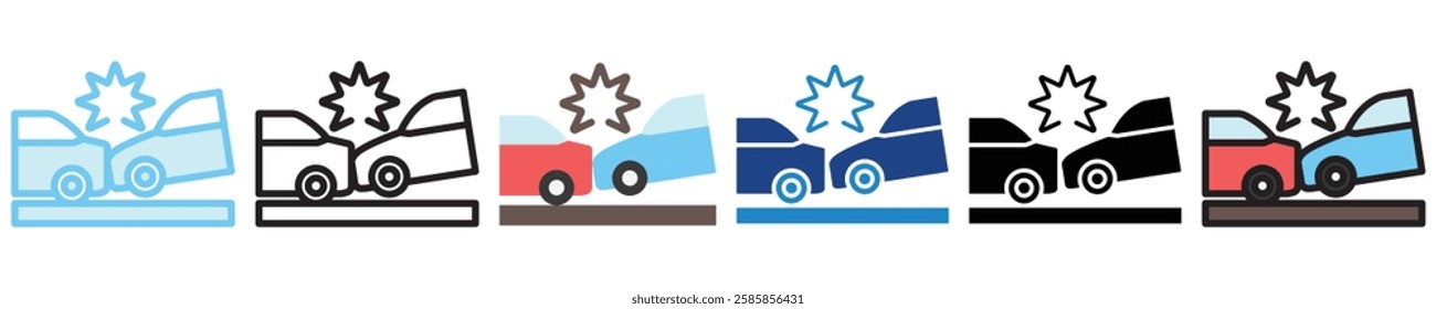 Accident multi style, mini illustration icon. outline, flat, glyph, line color, UI, UX kit, app, web development, digital or print. For education, construction, transportation, traffic management.