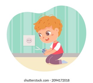 Accident with naughty child and electric socket vector illustration. Cartoon cute boy holding metal scissors to play with electricity, warning of dangerous situation and risk for children health