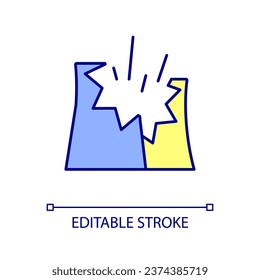 Accident at nuclear plant RGB color icon. Danger of radioactive contamination. Technical disaster. Isolated vector illustration. Simple filled line drawing. Editable stroke. Arial font used