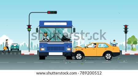 An accident on a bus collides with a personal vehicle due to traffic light violations.