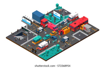 Accident on crossroad design with truck bus cars bicycle police and ambulance injured people isometric vector illustration