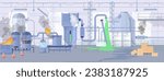 Accident on plant and manufacturing industry problem vector illustration. Burning industrial machines, exploding steel tanks, leaking chemicals and dangerous gases