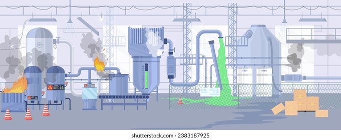 Accidentes en la industria de plantas y manufactura ilustración de vectores de problemas. Máquinas industriales en llamas, tanques de acero explosivo, productos químicos fugados y gases peligrosos