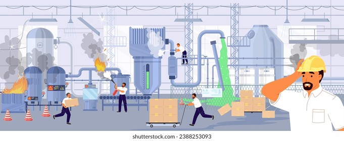 Accidente en la ilustración del vector de planta con la cara impactada del ingeniero en primer plano. Maquinaria industrial dañada en humo y fuego, trabajadores en pánico corriendo y gritando