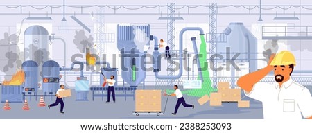 Accident on plant vector illustration with shocked engineer face on foreground. Broken damaged industrial machine in smoke and fire, workers in panic running and screaming