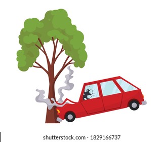 Accident on road car damaged. Road accident icon. Car crash when met a tree. Damaged vehicle insurance. Damaged auto. Not recoverable. Good for advertising an insurance company