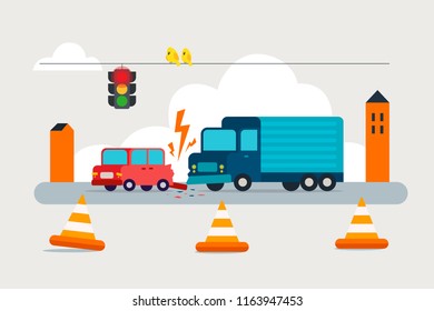 Accident on road. Collision truck and passenger car.Failure to respect traffic rules. Flat vector Illustration.