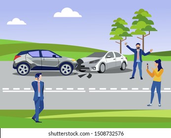 Accident on the road, crash two cars collided. In minimalist style. Cartoon flat vector