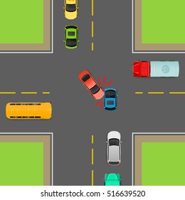 Accident on road due to non-fulfilment traffic rules. Death of people. How to turn left in correct order. Cars, bus, truck on crossroad. Right use of transport. Vector illustration. Dangerous on road.