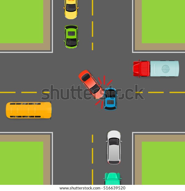 Accident on road due to non-fulfilment traffic\
rules. Death of people. How to turn left in correct order. Cars,\
bus, truck on crossroad. Right use of transport. Vector\
illustration. Dangerous on\
road.