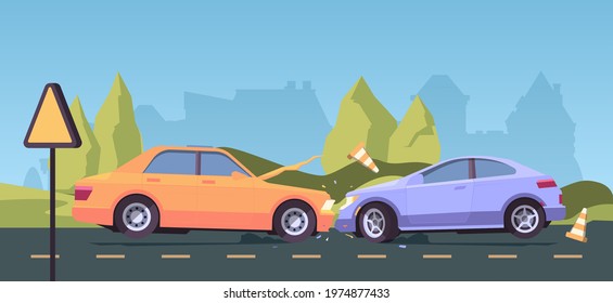 Accident on road. Urban landscape with damaged cars crash automobiles insurance problems garish vector background illustrations