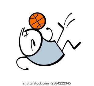 Accident on the sports field. Vector illustration of a basketball hitting a poor player's head. Cartoon boy fell, his head hurts, and he was injured. Isolated funny character on white background.