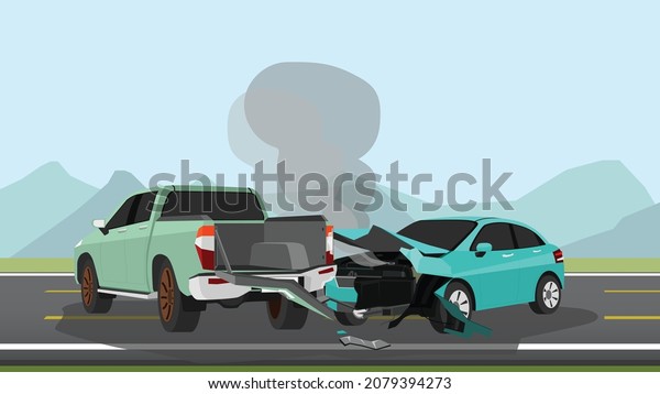 Accident of a passenger car collided with a pick-up\
truck. Front passenger car was damaged and smoke spewed out. Rear\
of the pickup truck was damaged. On asphalt road and meadow with\
mountain and sky.