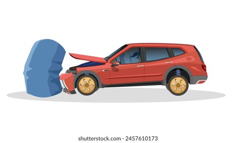 Accident of passenger car crashed into a trash tank. Driving test from an expert. Airbag is working. The hood was opened and the front grille was damaged. On isolated white background with shadow.