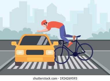 Accident at a pedestrian crossing. The car knocked down a cyclist at the crossing. Cyclist injury. Bicycle breakdown. Road accident. Danger. Man in a helmet and sportswear on a bicycle. Flat vector 