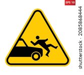 Accident with pedestrian warning sign. Vector illustration of yellow triangle sign with car hitting man icon inside. Risk of running over people. Caution people on road. Vehicle crash accident symbol.
