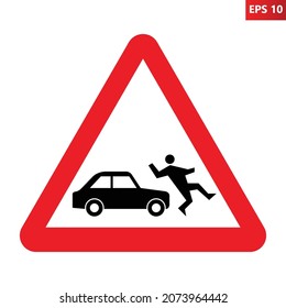 Accident With Pedestrian Warning Sign. Vector Illustration Of Red Triangle Sign With Car Hitting Man Icon Inside. Risk Of Running Over People. Vehicle Crash Accident Symbol. Caution People On Road.