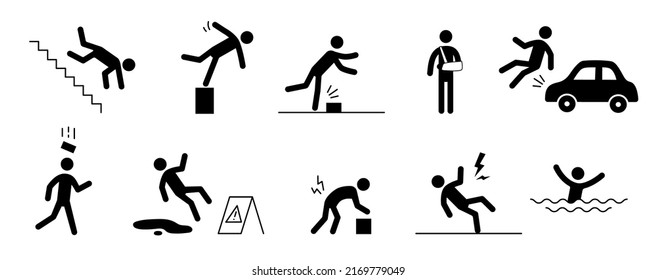 Accident pictogram man icon. Car accident, injury arm, stumble pictogram sign set. Warning, danger icon stick man vector illustration.