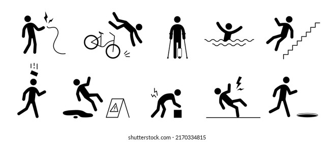 Accident pictogram man icon. Slipping fall, bike accedent, electric shock pictogram sign set. Warning, danger icon stick man vector illustration.