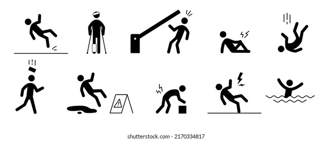 Accident pictogram man icon. Wet floor, injury leg, tipping pain pictogram sign set. Warning, danger icon stick man vector illustration.