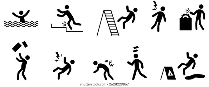Ícone do homem no pictograma de acidente. Piso molhado, perna ferida, conjunto de sinais de pictograma de dor basculante. Aviso, ícone de perigo vara homem vetor ilustração