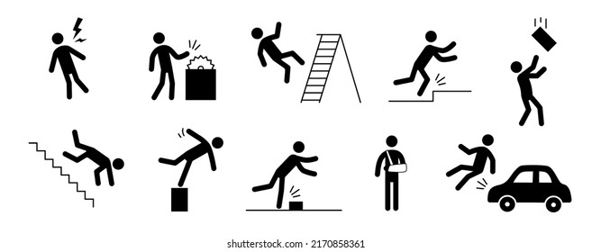 Accident pictogram man icon. Work safety, injury caution, hazard pictogram sign set. Warning, danger icon stick man vector illustration.