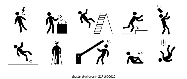 Accident pictogram man icon. Work safety, injury caution, hazard pictogram sign set. Warning, danger icon stick man vector illustration.