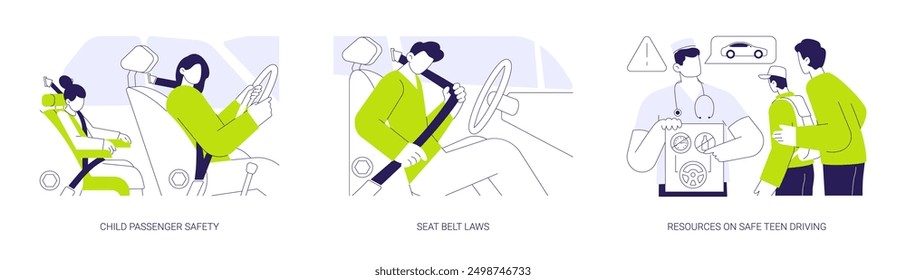 Accident prevention abstract concept vector illustration set. Child passenger safety, seat belt laws, resources on safe teen driving, reduce motor vehicle crash death abstract metaphor.