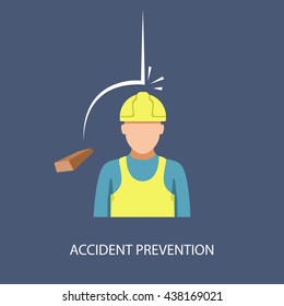 Accident prevention, brick falls on his head in a helmet