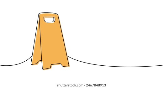 Accident prevention sign, wet floor, cleaning sign one line colored continuous drawing. Cleaning service tools continuous one line illustration.