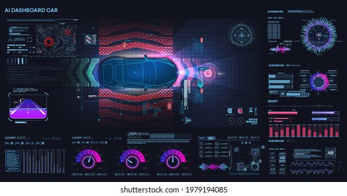 Accident prevention system. Autonomous vehicle movement. Help the driver while driving. Top view of a self-driving CAR on the road. Futuristic user interface HUD, FUI. Hologram, copy space. Vector