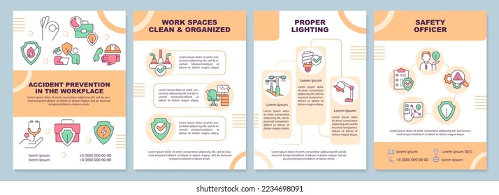 Accident prevention in workplace brochure template. Leaflet design with linear icons. Editable 4 vector layouts for presentation, annual reports. Arial-Black, Myriad Pro-Regular fonts used