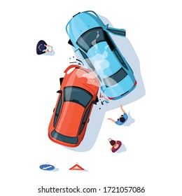 Accident regulation on road semi flat RGB color vector illustration. Smashed cars on highway. Police officer with crashed transport. Drivers isolated cartoon character top view on white background - Shutterstock ID 1721057086