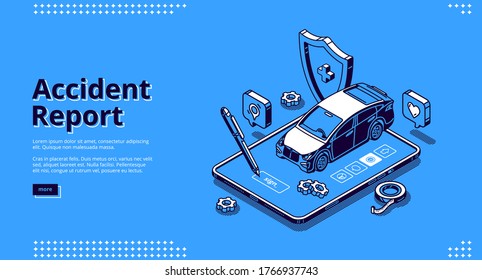 Accident report banner. Online service for registration car crush and damage. Vector landing page of police report of vehicle accident with isometric illustration of smartphone, car and shield