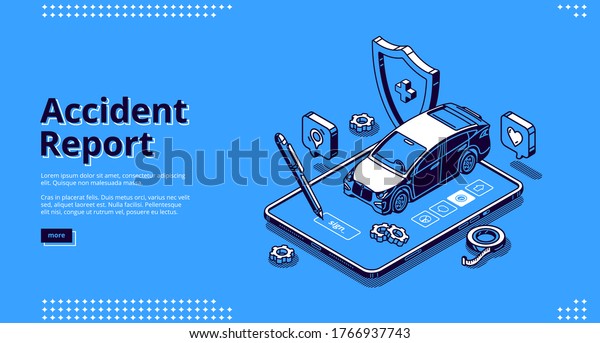 Accident report banner. Online service for\
registration car crush and damage. Vector landing page of police\
report of vehicle accident with isometric illustration of\
smartphone, car and\
shield