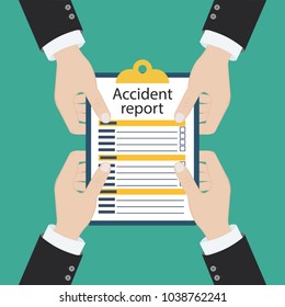 Accident report form. Man write application, pen and clipboard in hand. Template. Vector illustration flat design. Isolated on background.