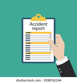 Accident report form. Man write application, pen and clipboard in hand. Template. Vector illustration flat design. Isolated on background.
