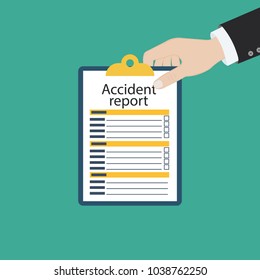 Accident report form. Man write application, pen and clipboard in hand. Template. Vector illustration flat design. Isolated on background.