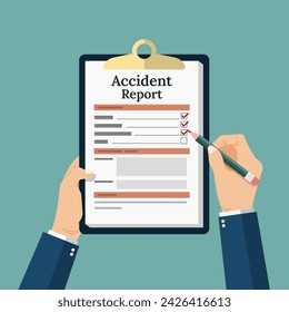 Accident report form, a man write application form for the document, pencil and clipboard in hand 