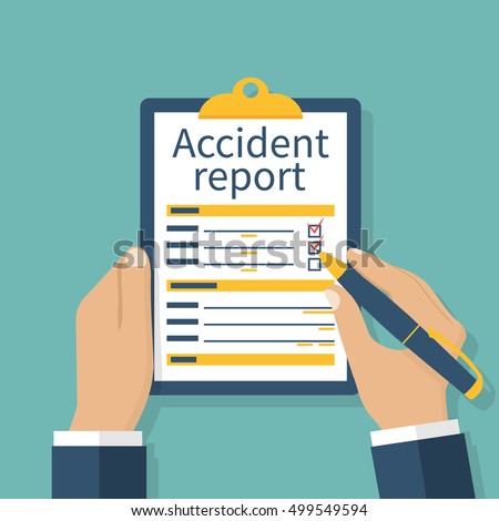 Accident report form. Man write application, pen and clipboard in hand. Template. Vector illustration flat design. Isolated on background.