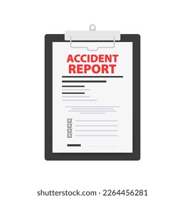 Accident report form. Write application. Clipboard document. Vector stock illustration.