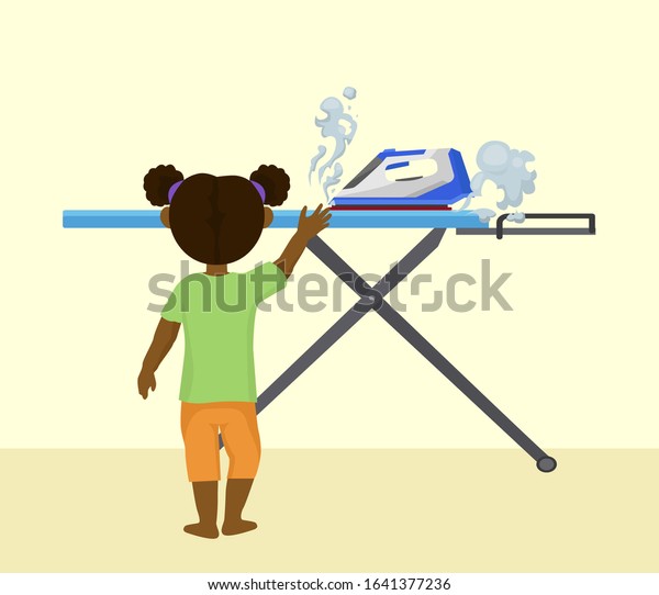 Accident risk\
with child and hot iron vector illustration. Little girl alone in\
room at home reaches iron with steam. Burns and fire huzard.\
Careless handling of electrical\
appliances.
