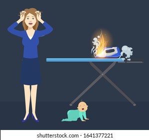 Accident Risk Of Fire Vector Illustration Flat Style. Mother And Little Baby At Home Flat Near Flame And Steaming Iron. Fire Hazard. Careless Handling Of Electrical Appliances.