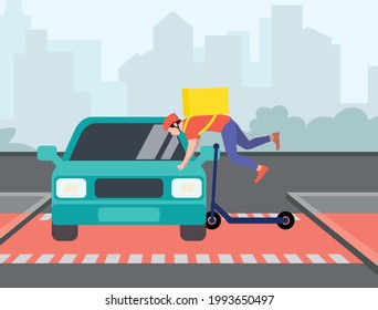 Accident at the road crossing. A delivery man on a scooter crashed into a car. Violation of traffic rules, knocked down a courier in a helmet on a scooter. Crossing the lane on a scooter. Flat vector 