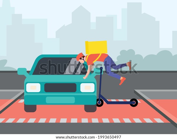 Accident at the road crossing. A delivery man on a\
scooter crashed into a car. Violation of traffic rules, knocked\
down a courier in a helmet on a scooter. Crossing the lane on a\
scooter. Flat vector 