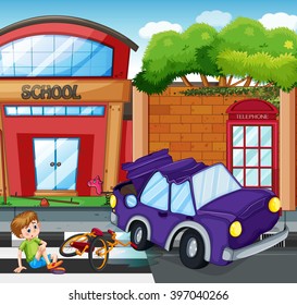 Accident scene with boy getting hurt illustration