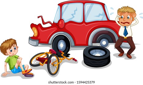 Accident scene with car crash and injured boy illustration
