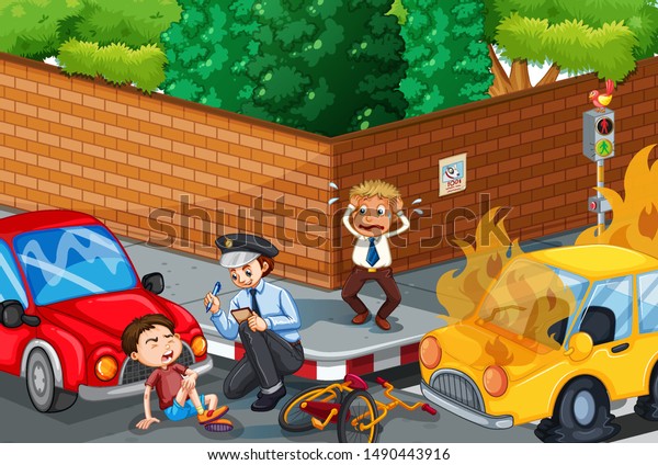 Accident\
scene with car accident on the road\
illustration